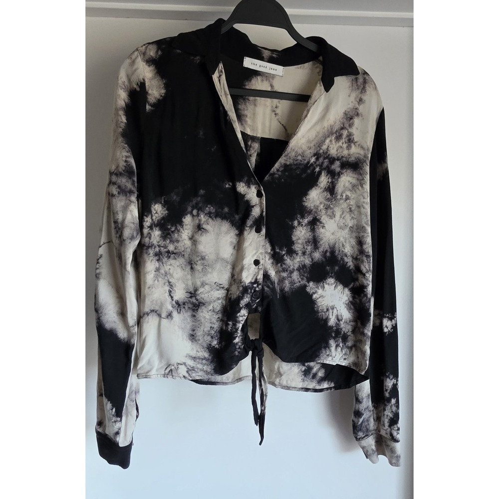 The Good Jane Women Button Down Shirt Black White Tie-Dye Collared Long Sleeve